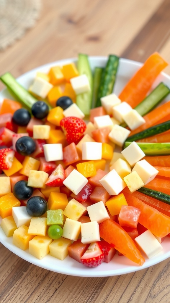 A vibrant platter of healthy appetizers for a toddler, including fruits, cheese, and vegetables.